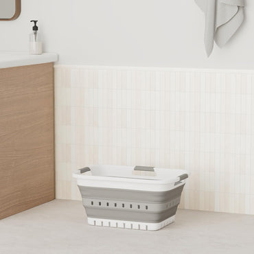 Plastic Laundry Basket Foldable Pop Up 30L (8 gallon) Collapsible 3 Handled (White/Grey)