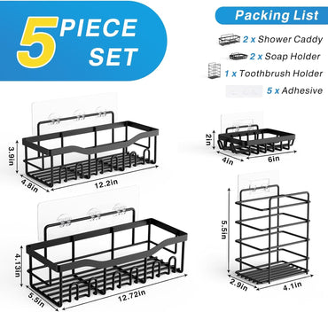 Adhesive Shower Caddy No Drilling Stainless Steel Shelves for Bathroom Organization 5 Pack, Black