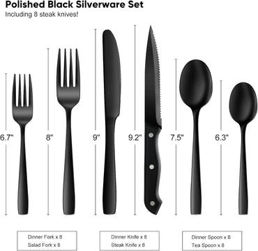 48 Pieces Black Silverware Set, Black Flatware Set with Steak Knives