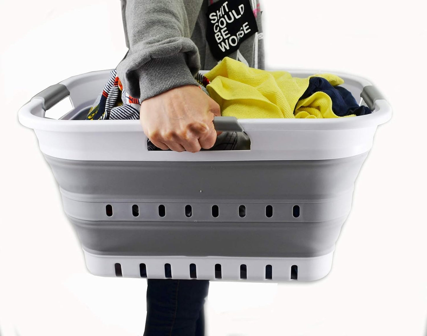 Plastic Laundry Basket Foldable Pop Up 30L (8 gallon) Collapsible 3 Handled (White/Grey)