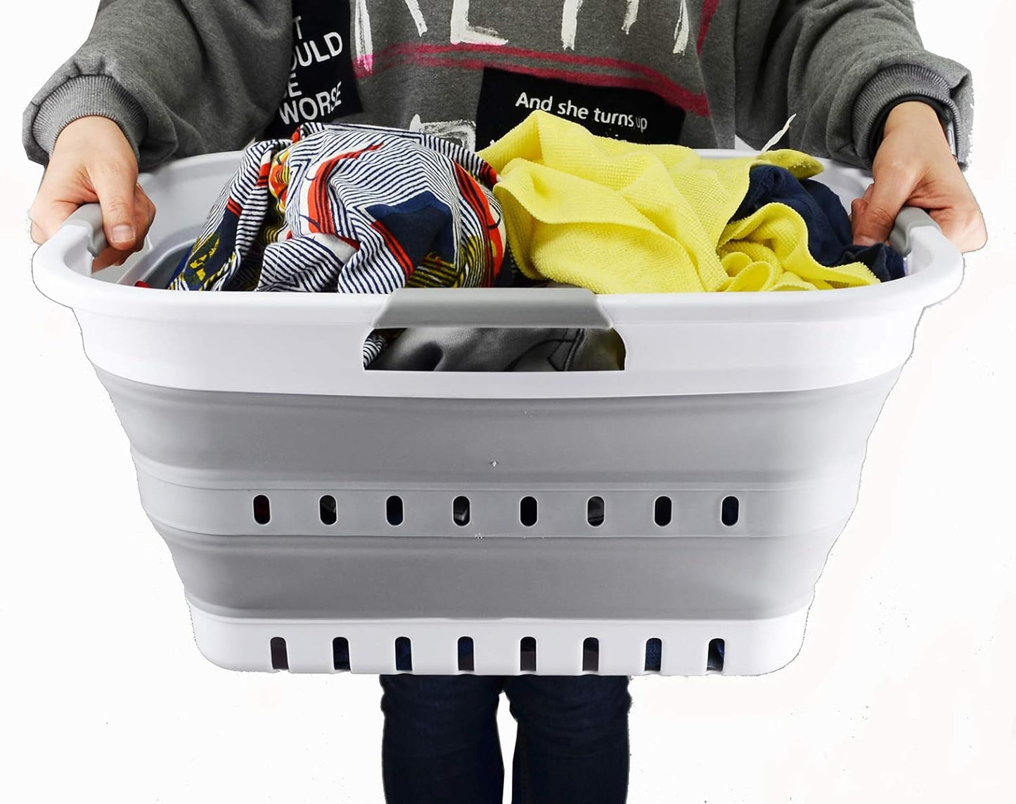 Plastic Laundry Basket Foldable Pop Up 30L (8 gallon) Collapsible 3 Handled (White/Grey)