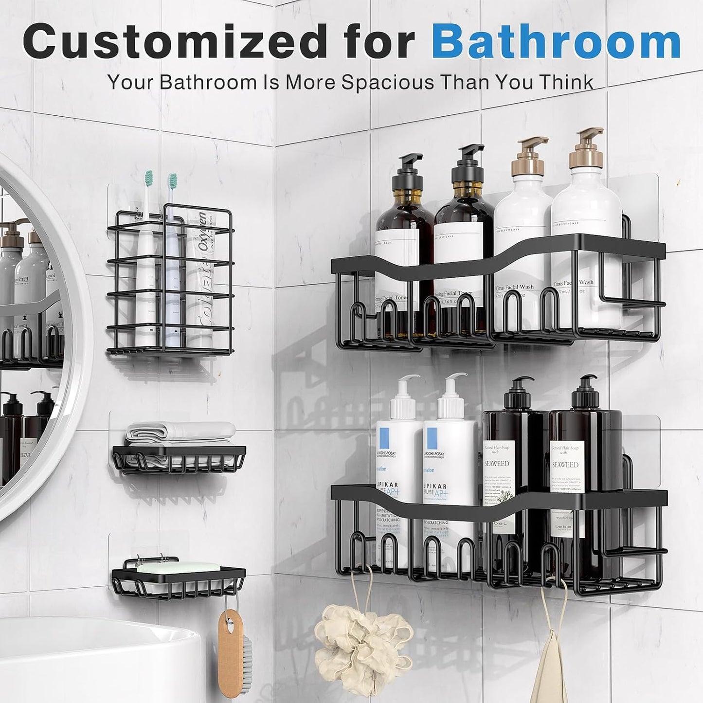 Adhesive Shower Caddy No Drilling Stainless Steel Shelves for Bathroom Organization 5 Pack, Black