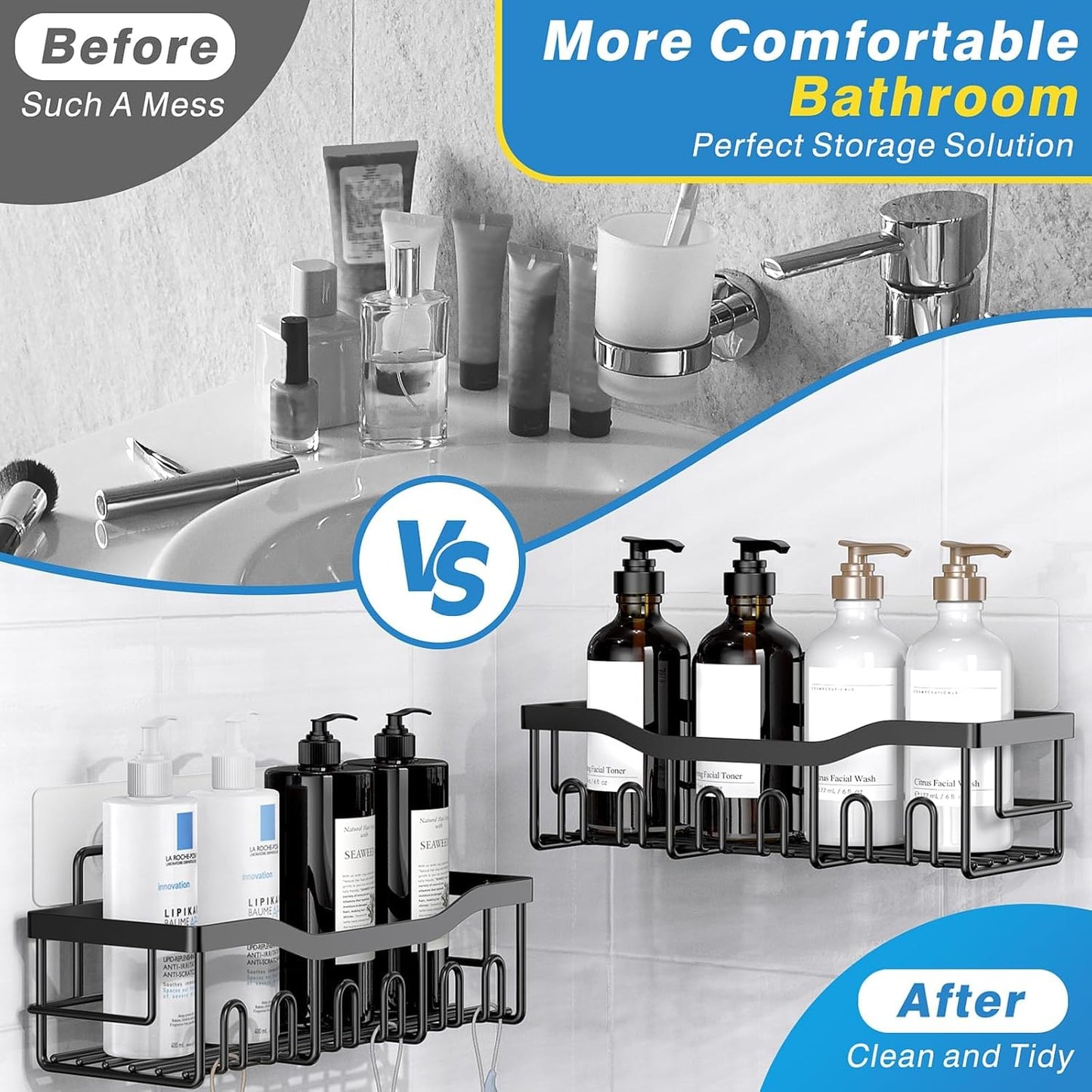 Adhesive Shower Caddy No Drilling Stainless Steel Shelves for Bathroom Organization 5 Pack, Black