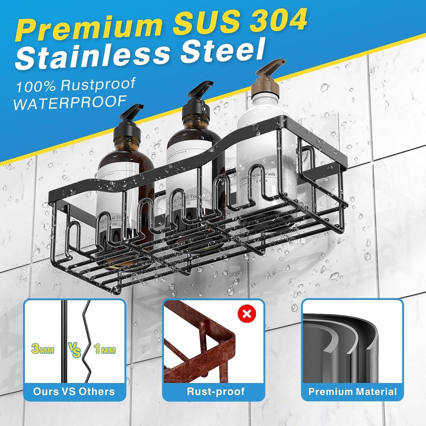 Adhesive Shower Caddy No Drilling Stainless Steel Shelves for Bathroom Organization 5 Pack, Black