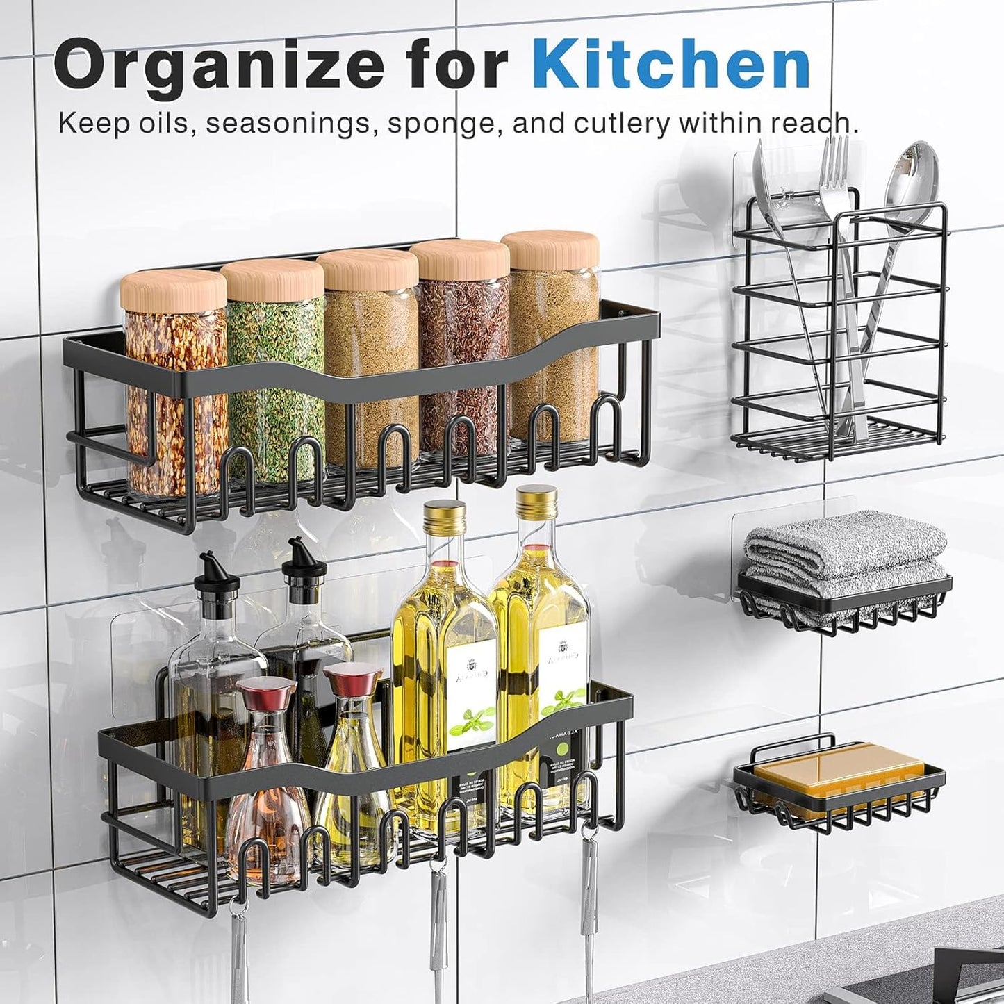 Adhesive Shower Caddy No Drilling Stainless Steel Shelves for Bathroom Organization 5 Pack, Black