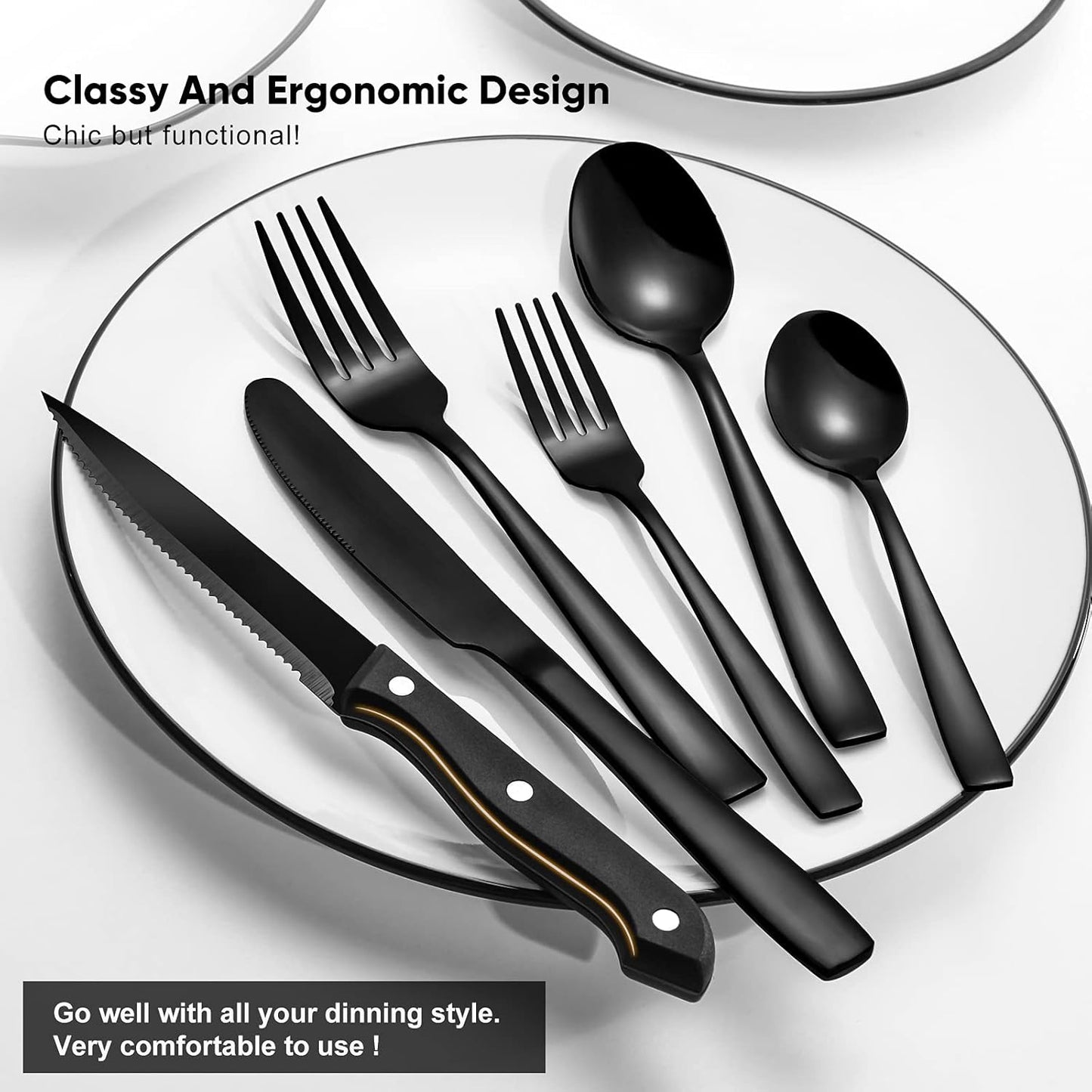 48 Pieces Black Silverware Set, Black Flatware Set with Steak Knives