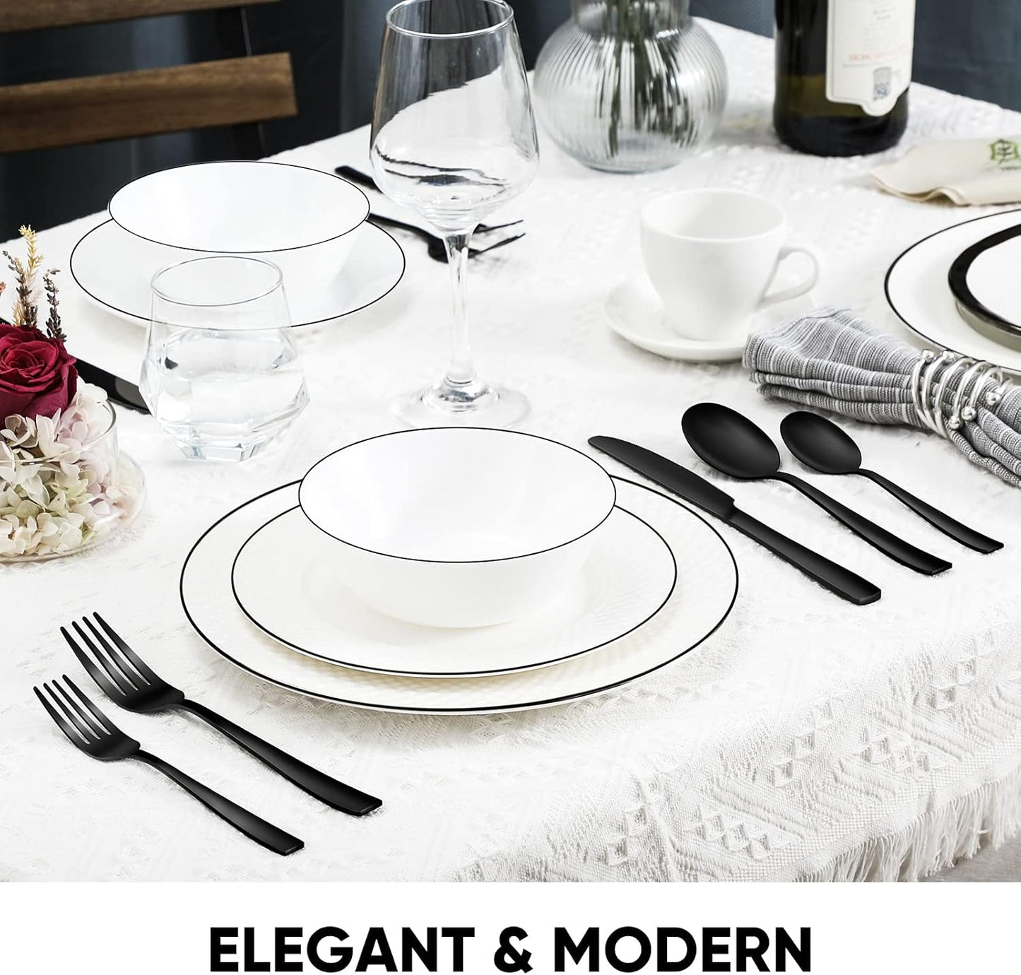 48 Pieces Black Silverware Set, Black Flatware Set with Steak Knives