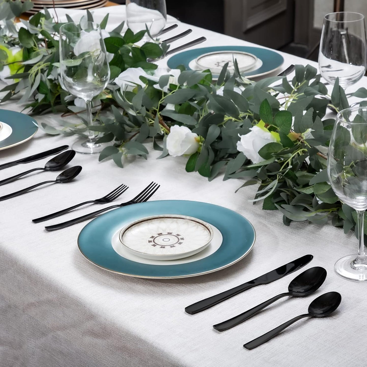 48 Pieces Black Silverware Set, Black Flatware Set with Steak Knives