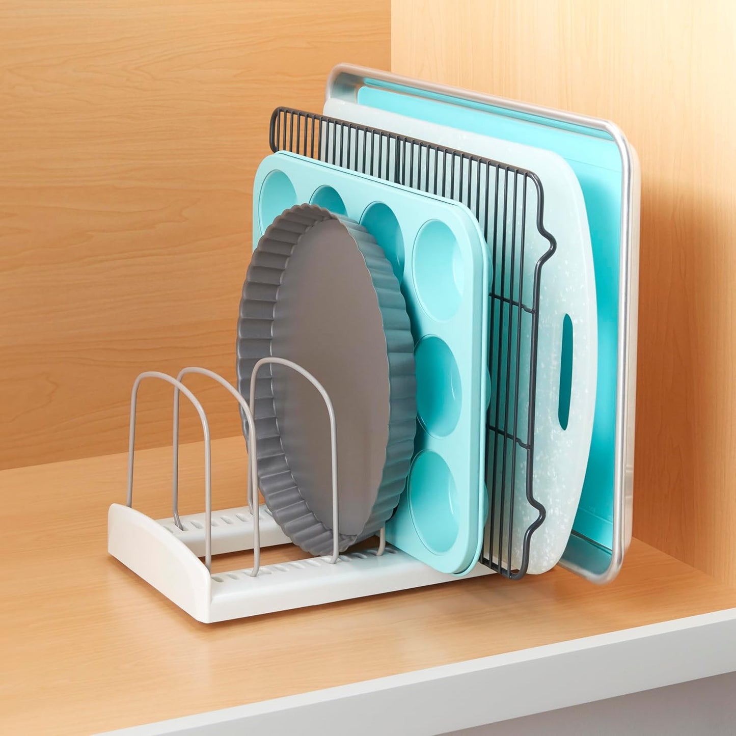 YouCopia Adjustable Bakeware Rack and Tray Organizer for Kitchen Cabinet Standard White